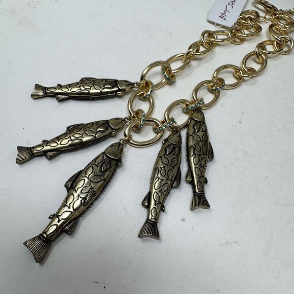 Betsey Johnson Fish Charm Rhinestone Necklace Goldtone Link - Picture 10 of 10